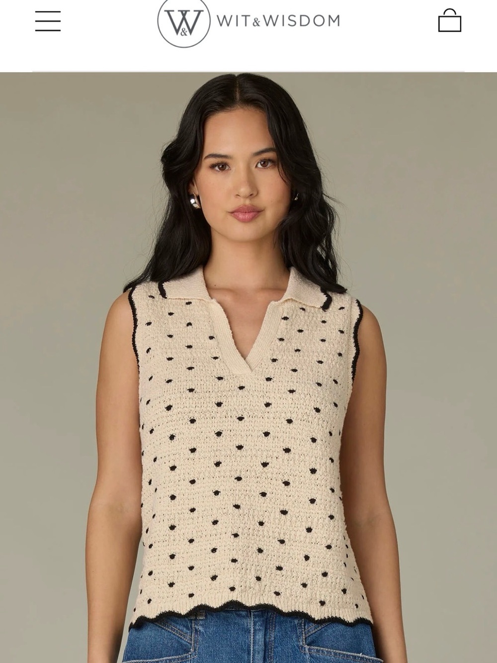 Wit & Wisdom Cream Knit Sleeveless Polka Dot Tank with Black Trim